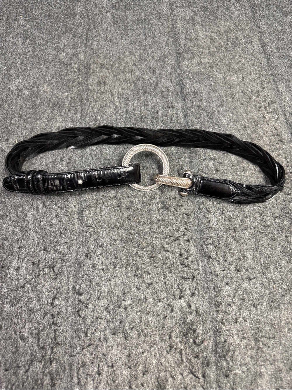 Brighton Black Braided Leather Belt with Silver Ring Accent
